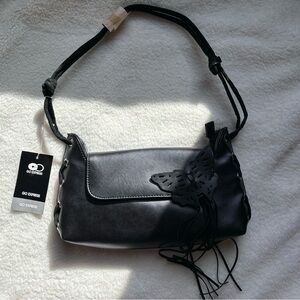 Black Vegan Leather Shoulder Bag with Butterfly Accent